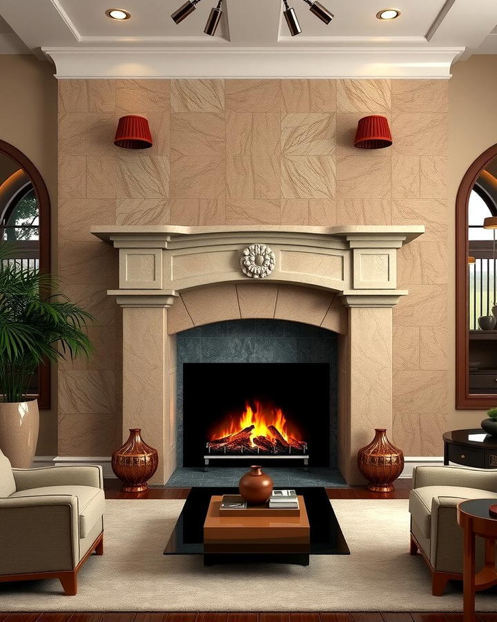 Faux Stone Fireplace with Metallic Accents