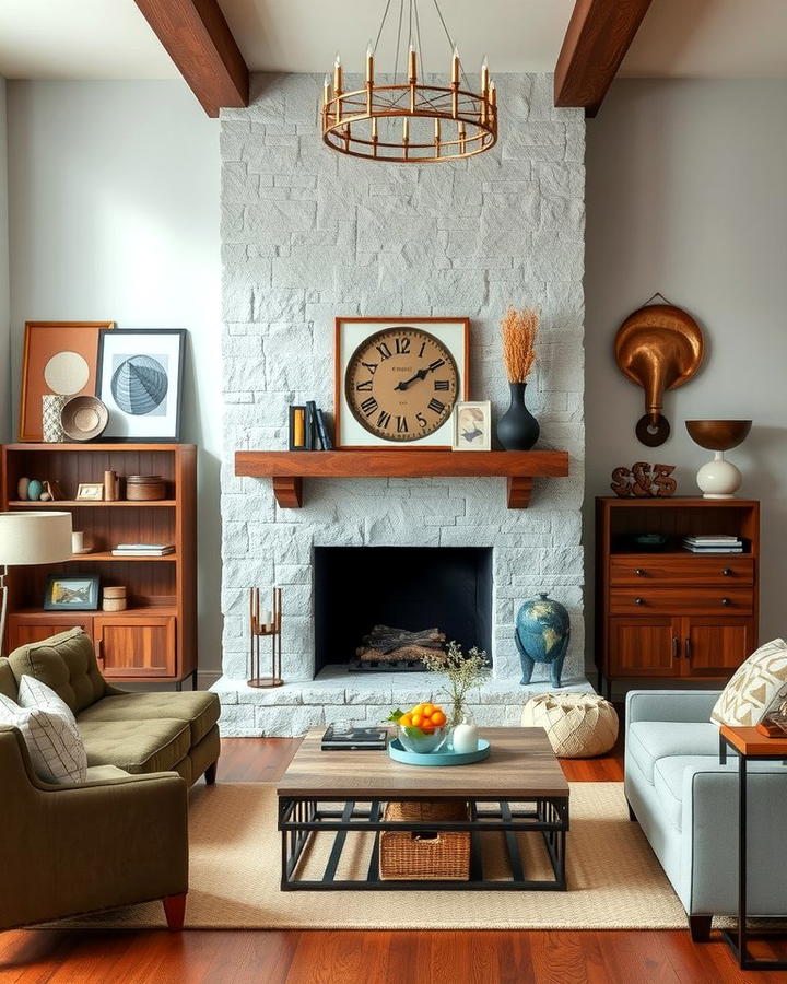 Faux Stone Fireplace with Mixed Materials