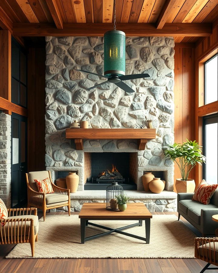 Faux Stone Fireplace with Reclaimed Wood Accents