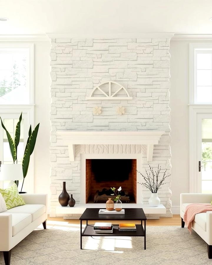 Faux Stone Fireplace with Whitewashed Finish