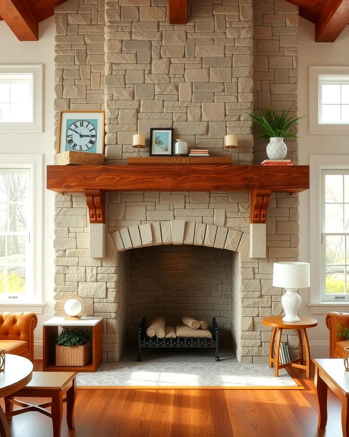 Faux Stone Fireplace with a Wooden Mantel