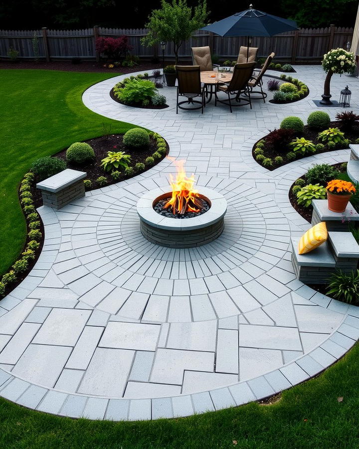 Fire Pit with Curved Paver Pathways