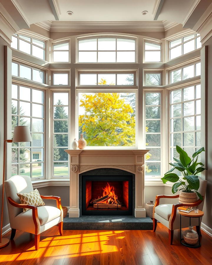 Fireplace Between Bay Windows