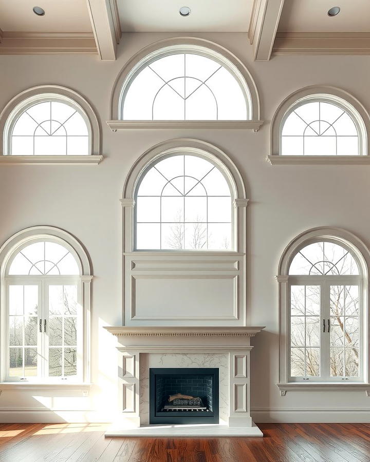 Fireplace with Arched Windows on Either Side