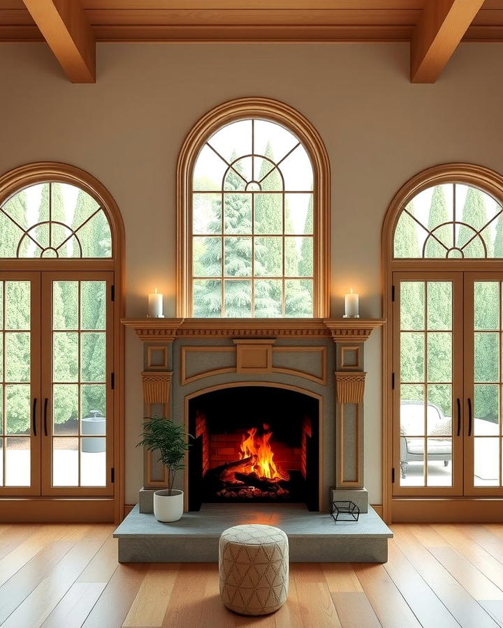 Fireplace with Arched Windows