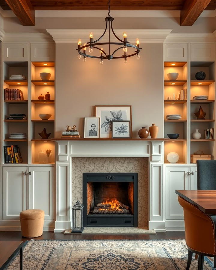 Fireplace with Built In Shelving for Added Storage