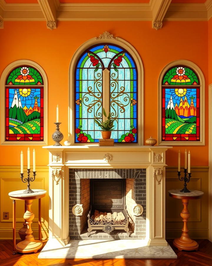 Fireplace with Stained Glass Windows on Each Side