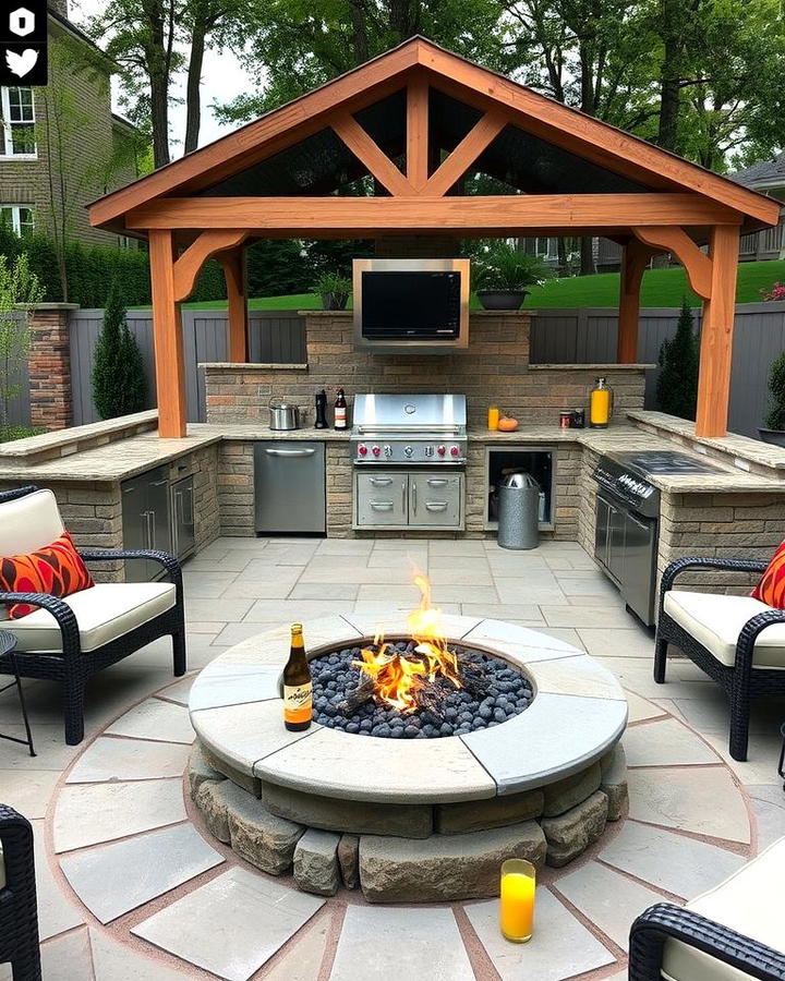 Flagstone Fire Pit with Outdoor Kitchen