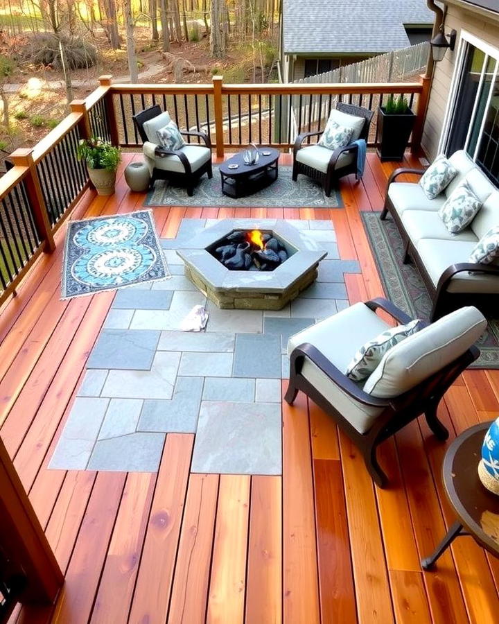 Flagstone Fire Pit with Wooden Deck