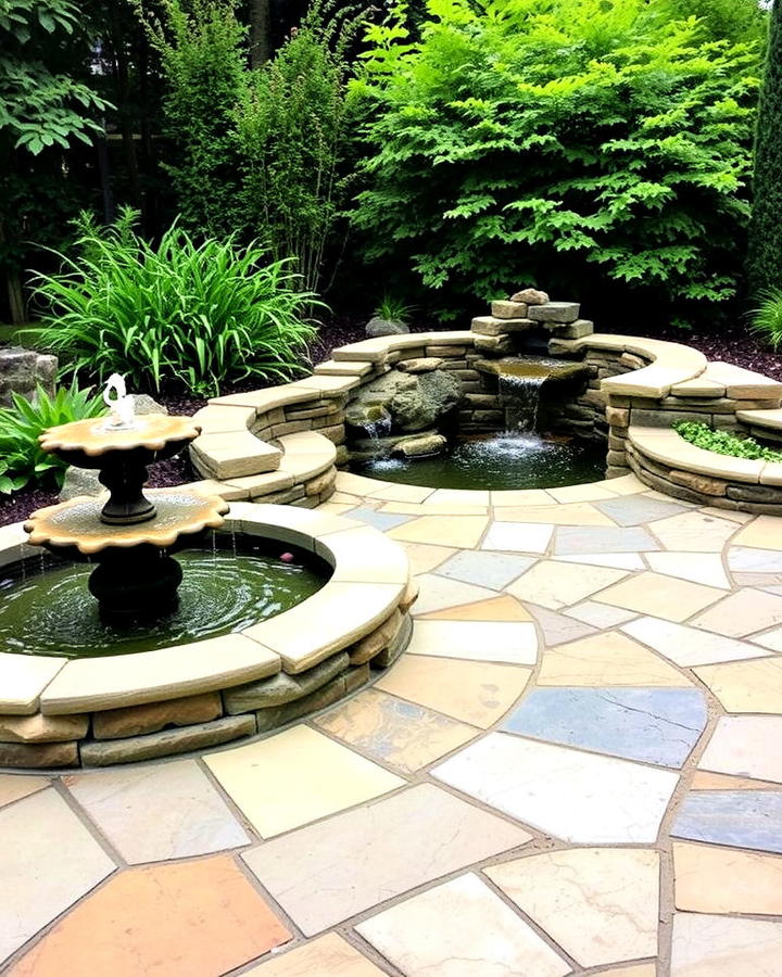 Flagstone Patio Design With Water Feature