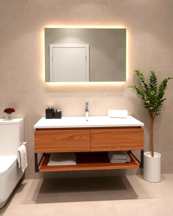 Floating Wooden Vanity with White Countertop