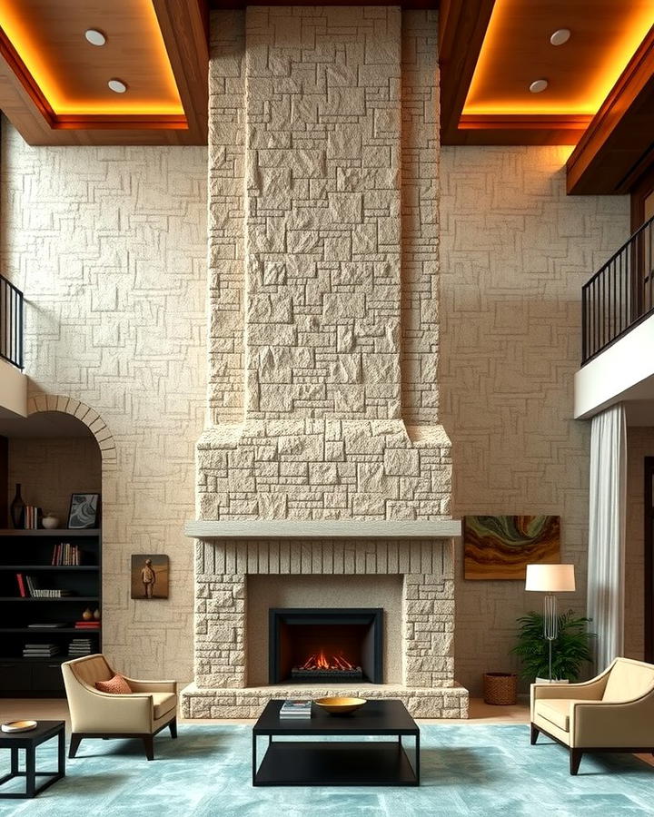 Floor to Ceiling Faux Stone Fireplace