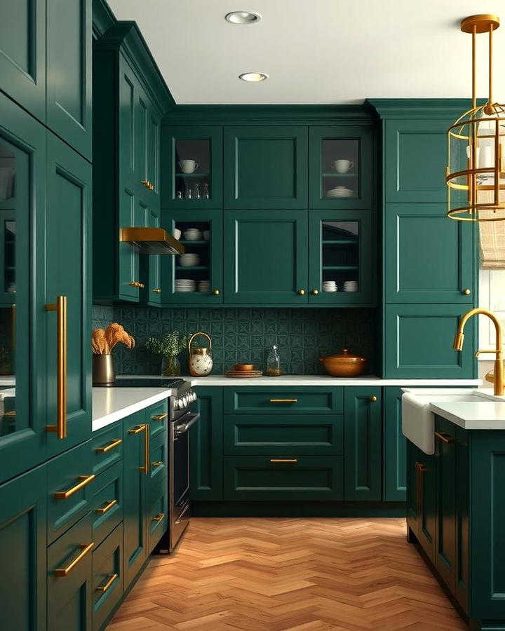 Forest Green Cabinetry with Brass Accents