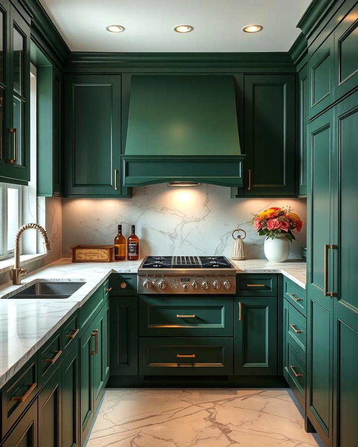 Forest Green Cabinets with Marble Countertops