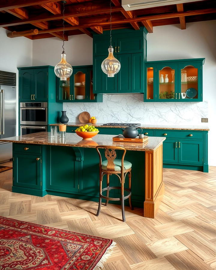 Forest Green Island with Brown Marble Countertops