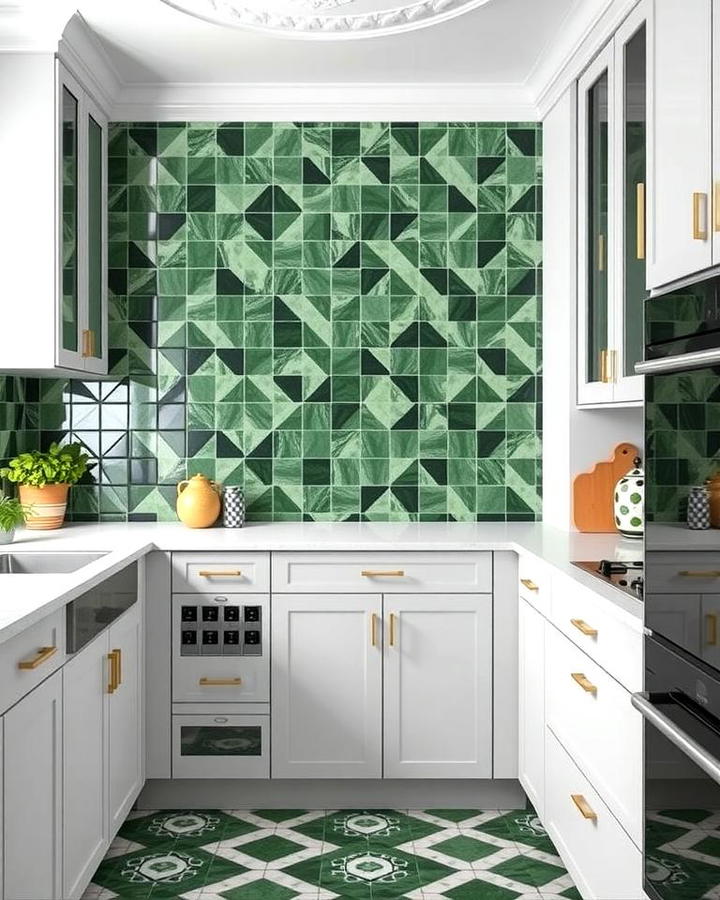 Forest Green Tiles with Geometric Patterns