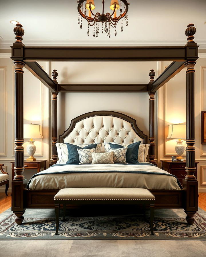 Four Poster Canopy Bed with Upholstered Headboard