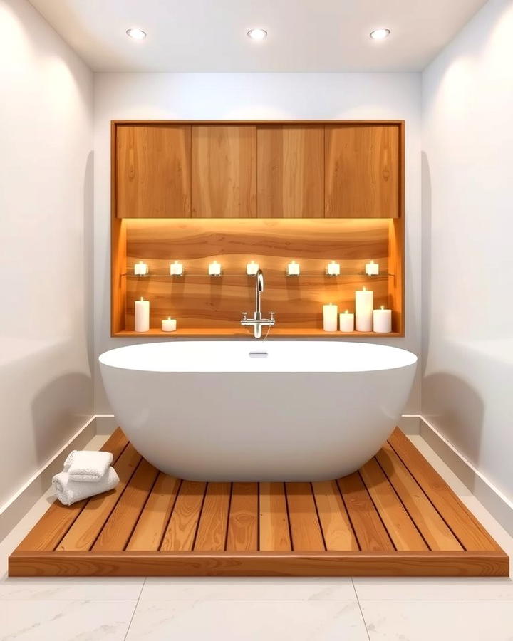 Freestanding Drop In Tub with a Wooden Platform