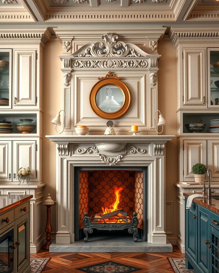 French Country Kitchen with an Ornate Fireplace