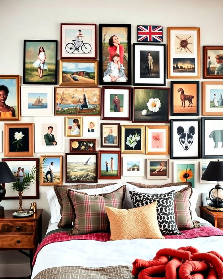 Gallery Wall of Mixed Art in Bedroom