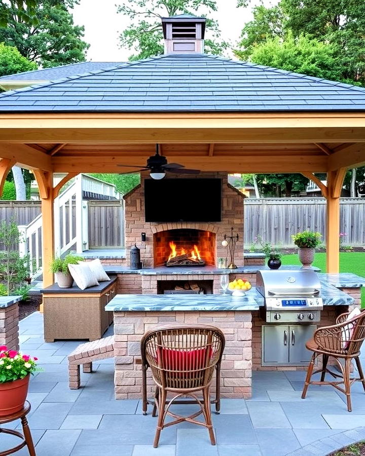 Gazebo With a Fireplace and Outdoor Kitchen