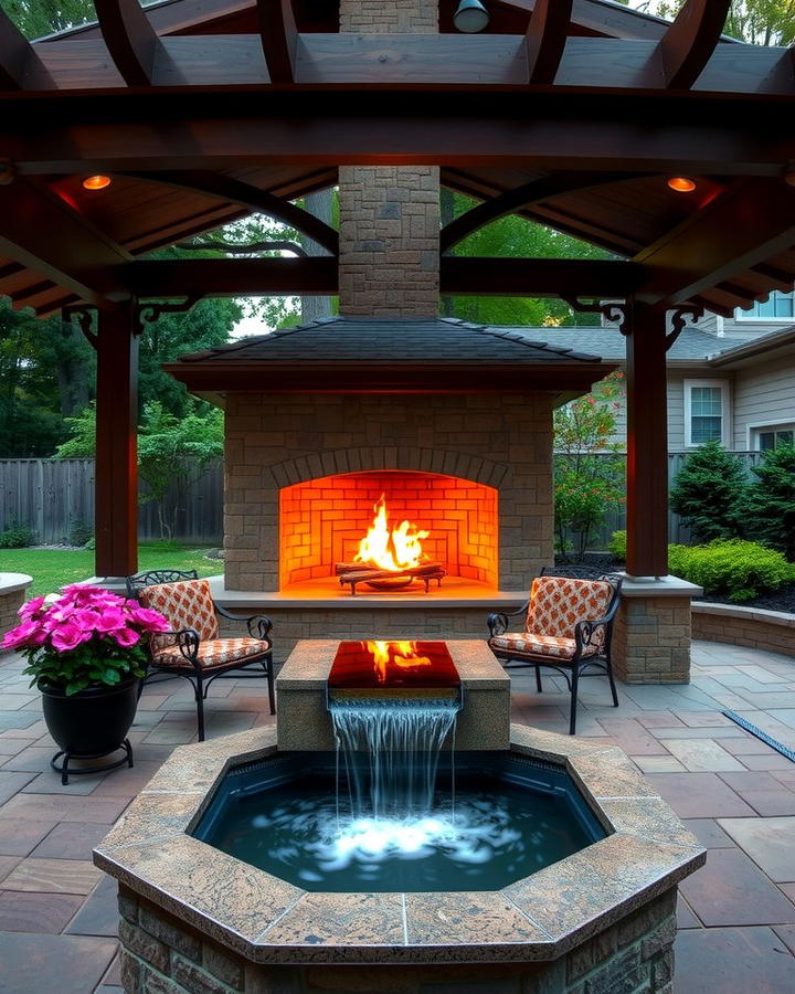 Gazebo with Fireplace and Water Feature Combination