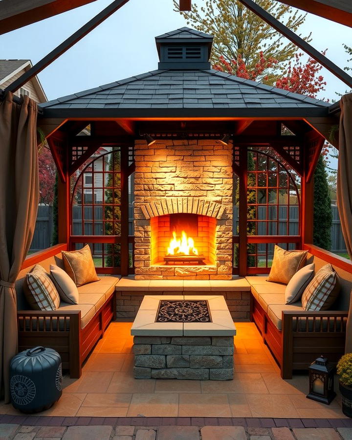 Gazebo with a Fireplace and Built In Seating