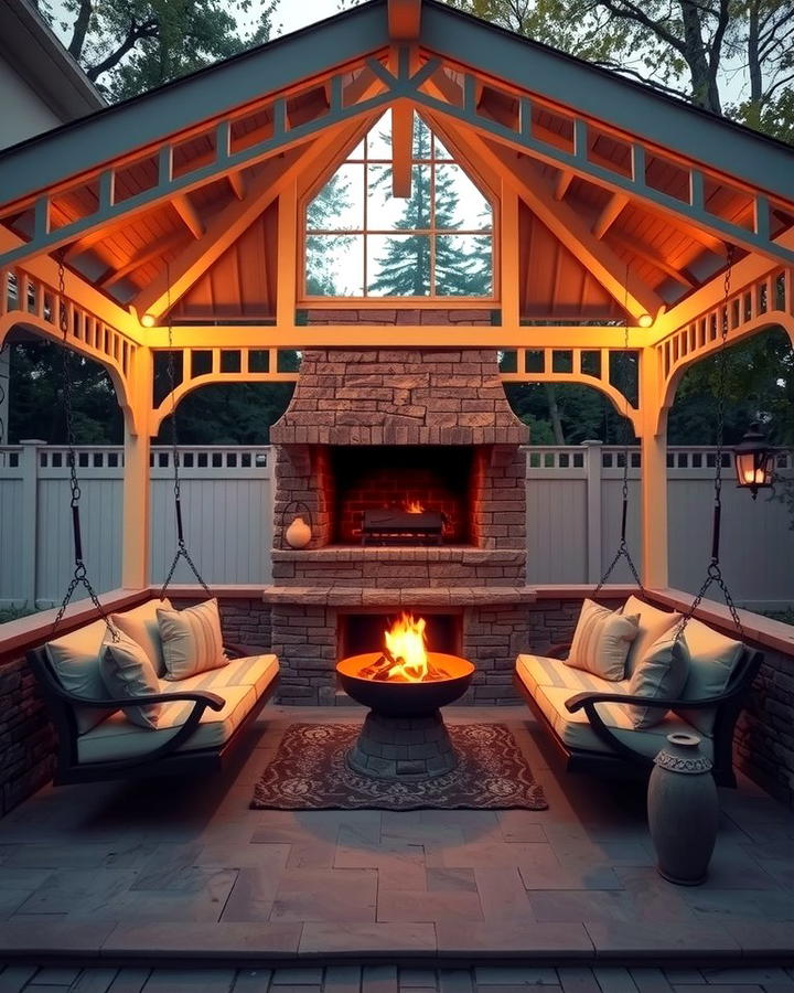 Gazebo with a Fireplace and Swing Seating