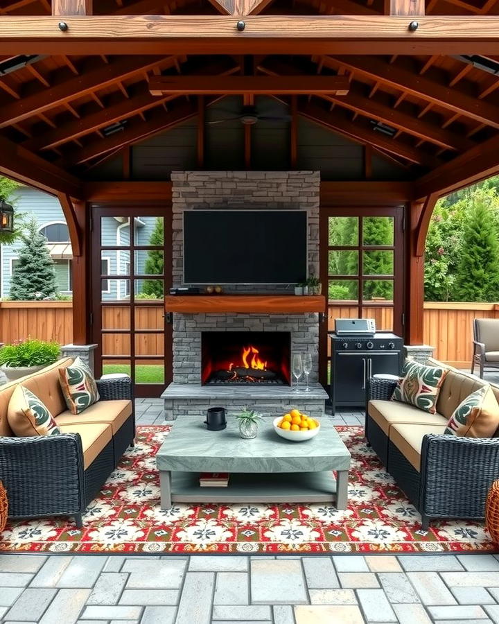 Gazebo with a Fireplace and TV Setup