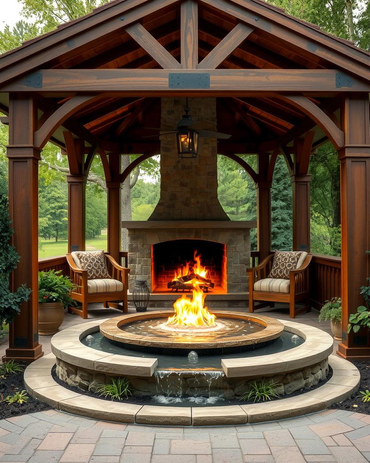 Gazebo with a Fireplace and Water Feature