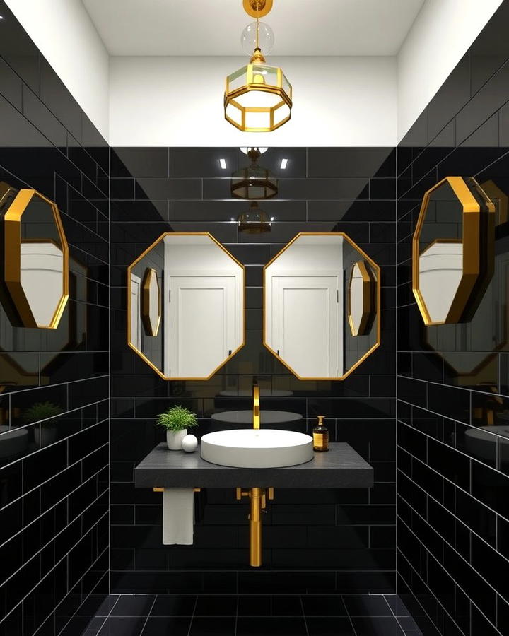 Geometric Gold Mirrors Against Black Tiles