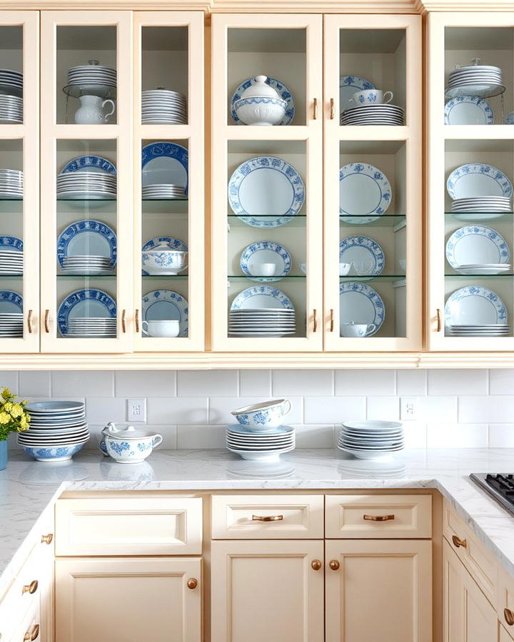 Glass Front Cabinets with Blue and White Displays