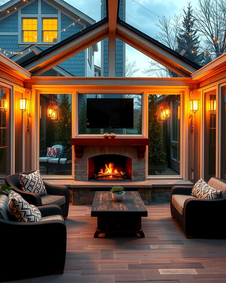 Glass Porch with Outdoor Fireplace