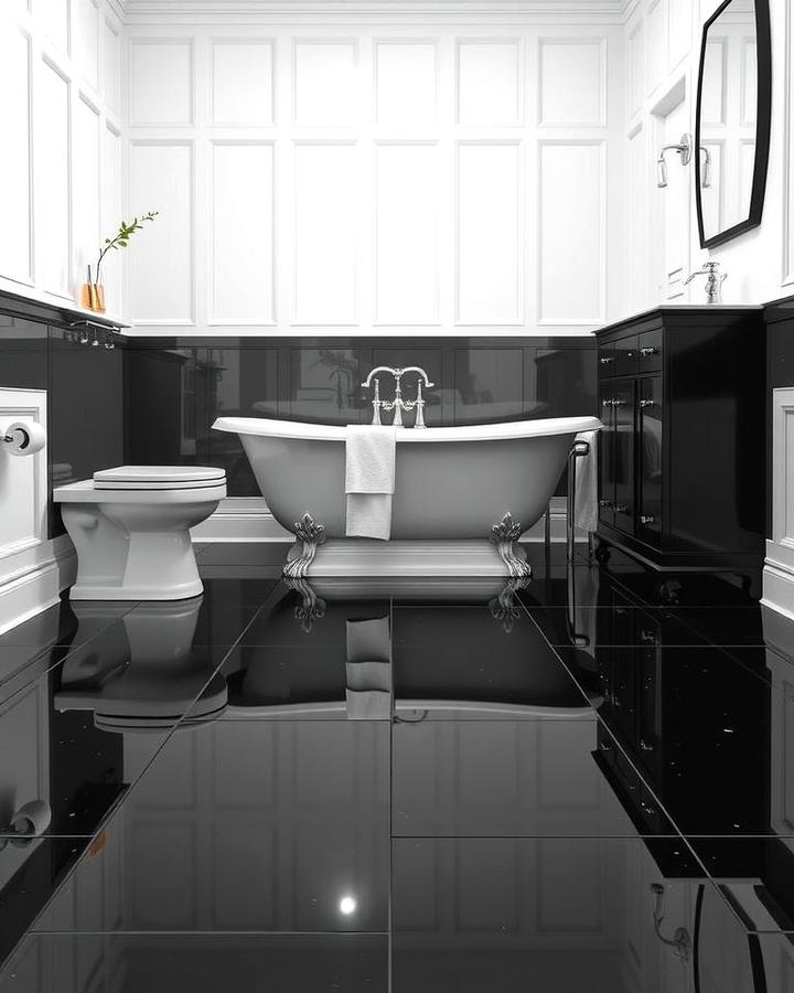 Glossy Black Floors with White Paneled Walls