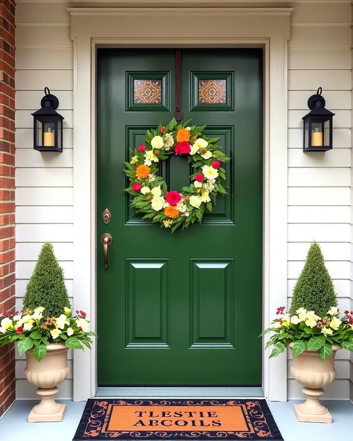 Glossy Ivy Green Door with Floral Wreath