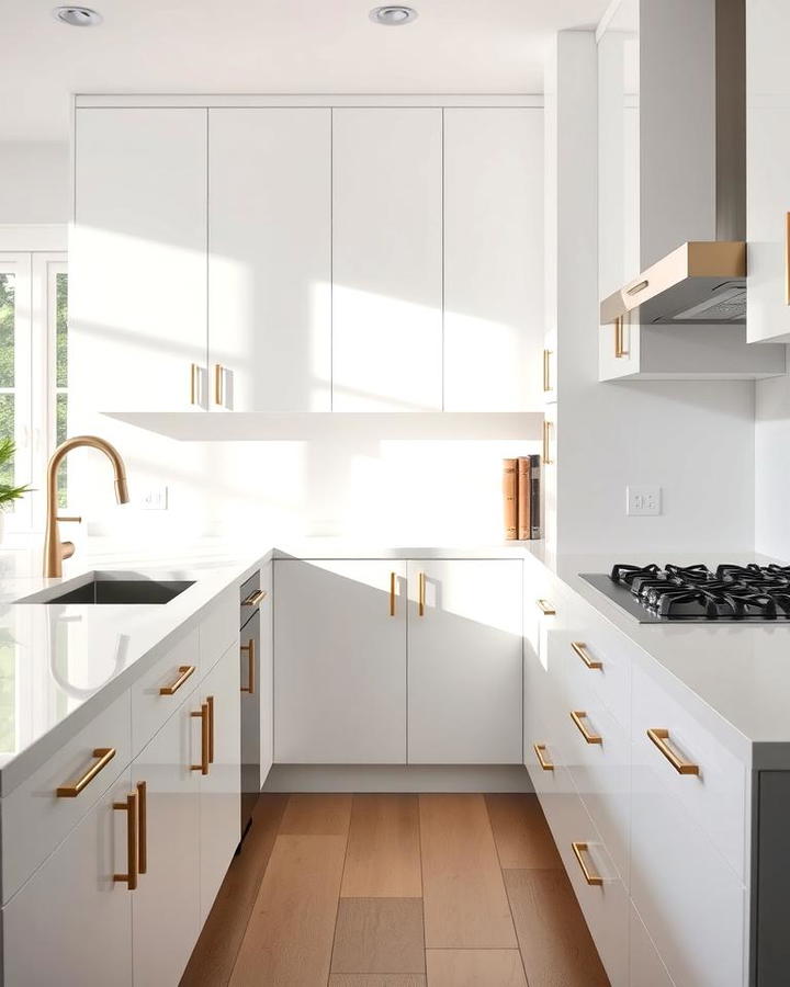 Glossy White Cabinets with Brushed Gold Pulls