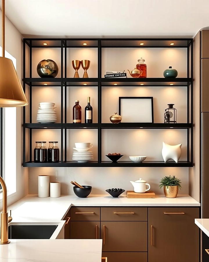 Gold Accented Open Shelving