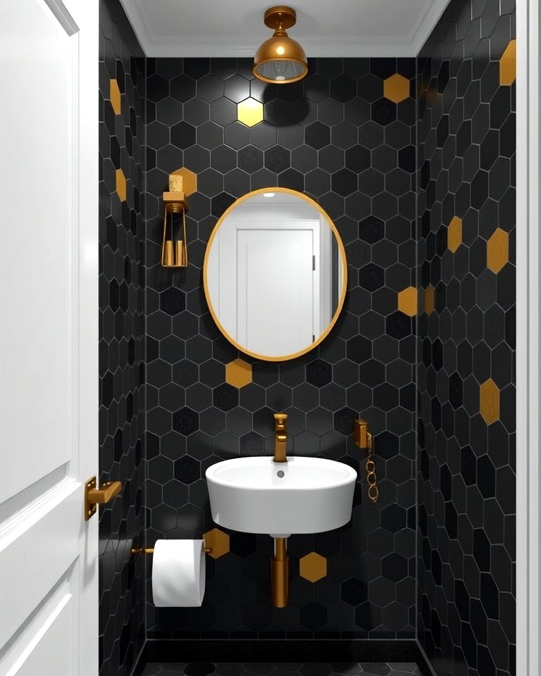 Gold Accents on Black Hexagonal Tiles