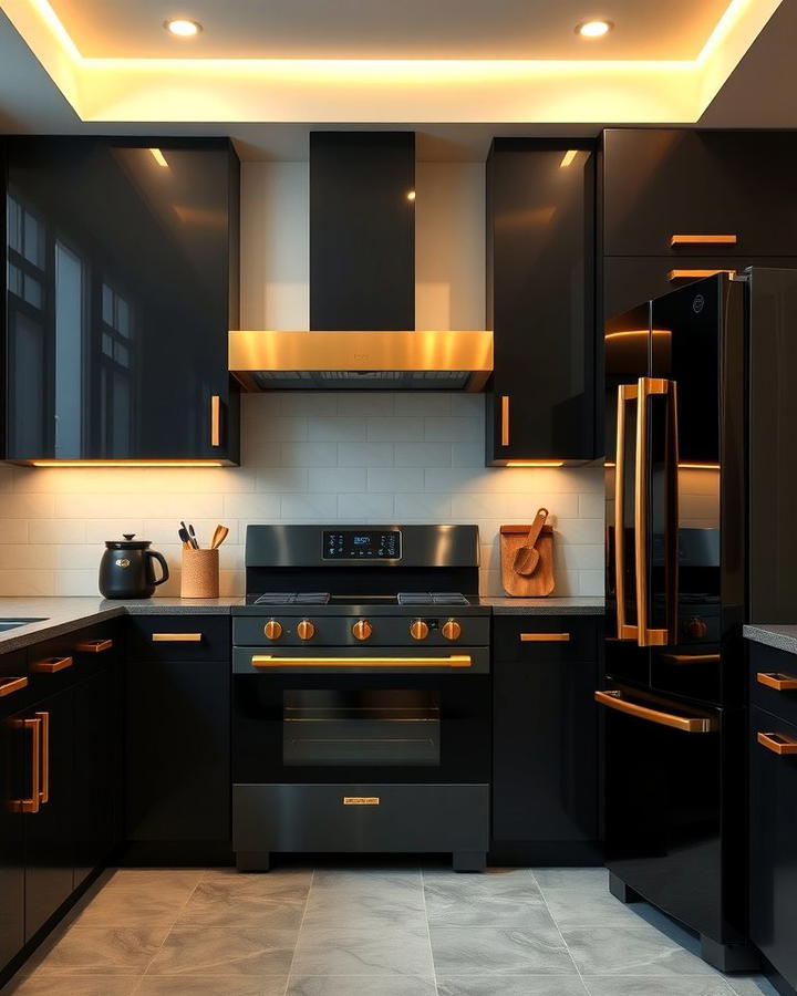 Gold Accents on Black Kitchen Appliances