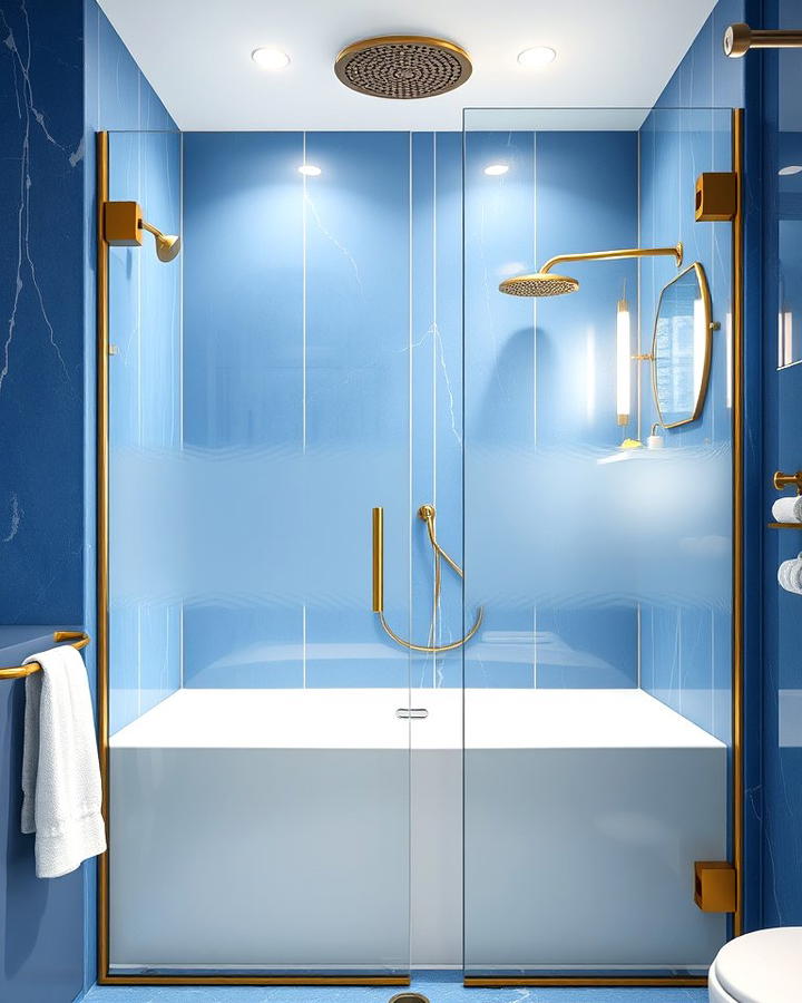 Gold Accents on Blue Shower Doors