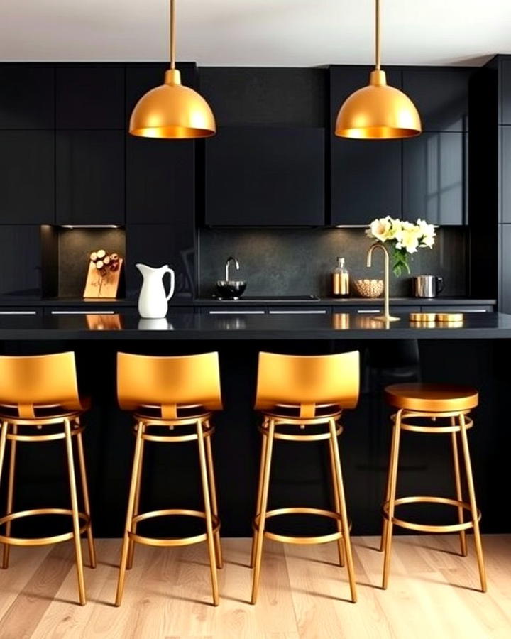 Gold Bar Stools Against a Black Island