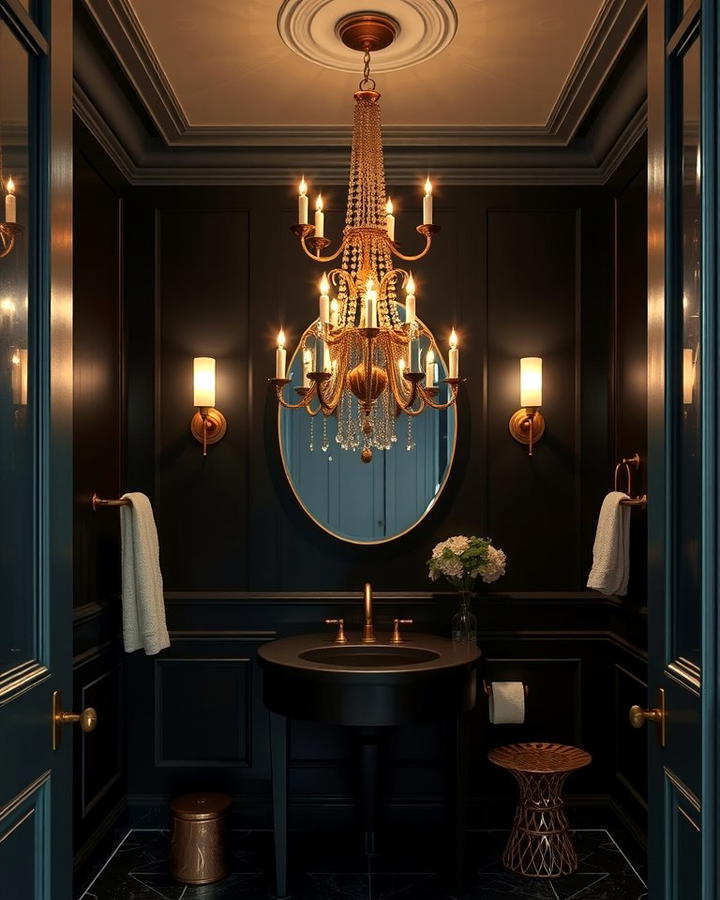 Gold Chandeliers in Black Powder Rooms