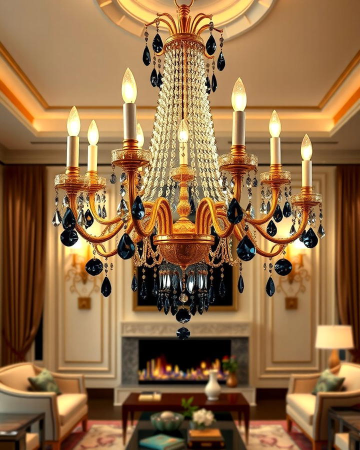 Gold Chandeliers with Black Crystals