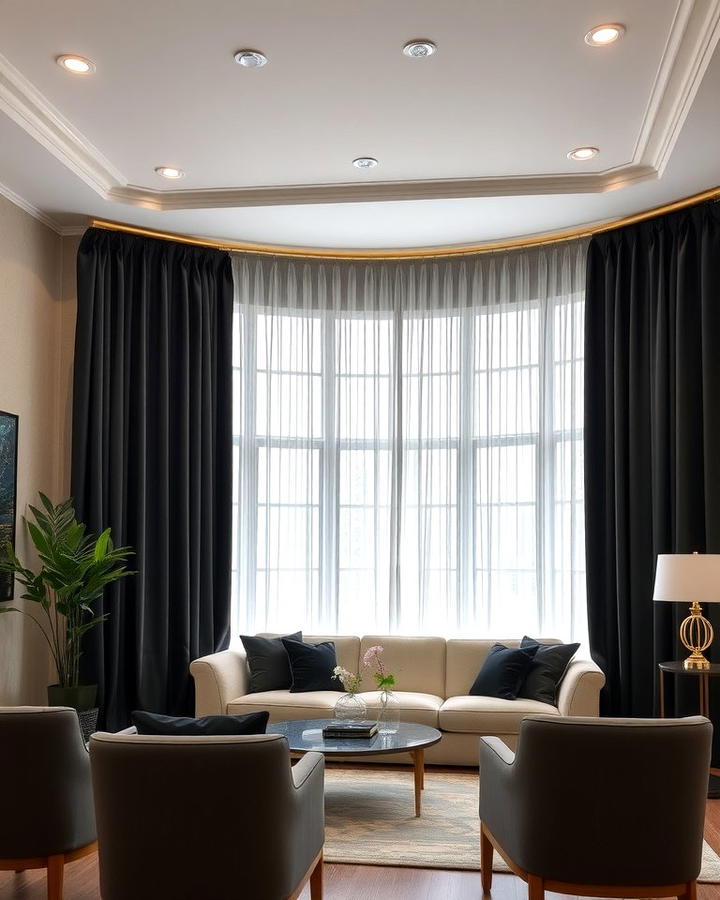 Gold Drapery Rods with Black Curtains