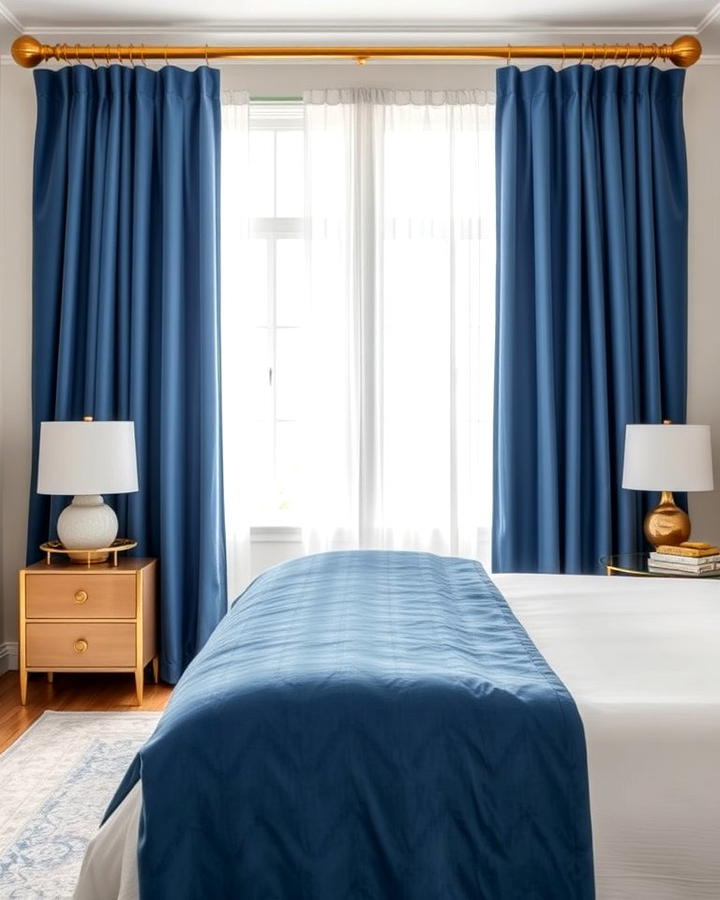 Gold Drapery Rods with Blue Curtains