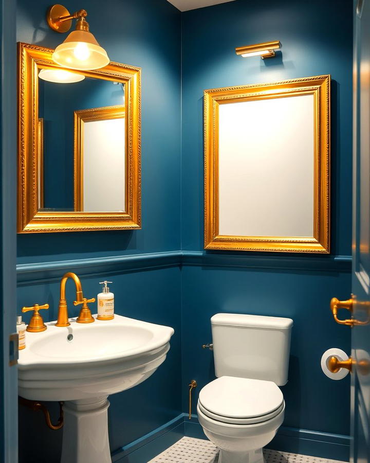 Gold Framed Artwork on Blue Walls