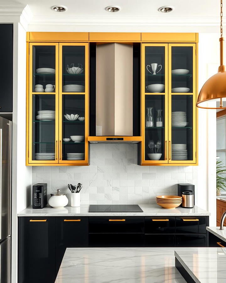 Gold Framed Black Glass Cabinets for a Modern Edge