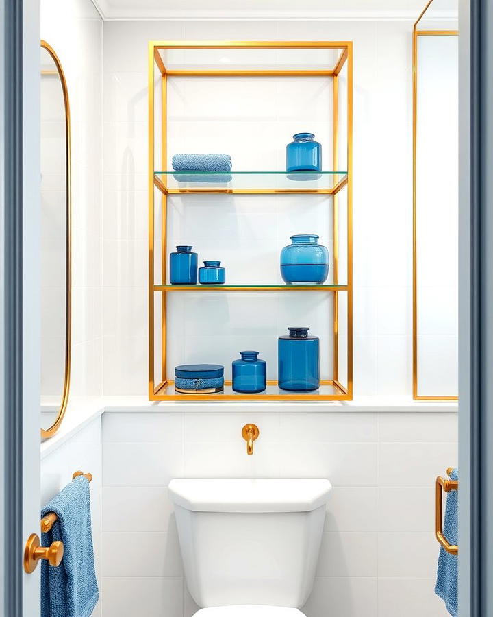 Gold Framed Glass Shelves with Blue Decor