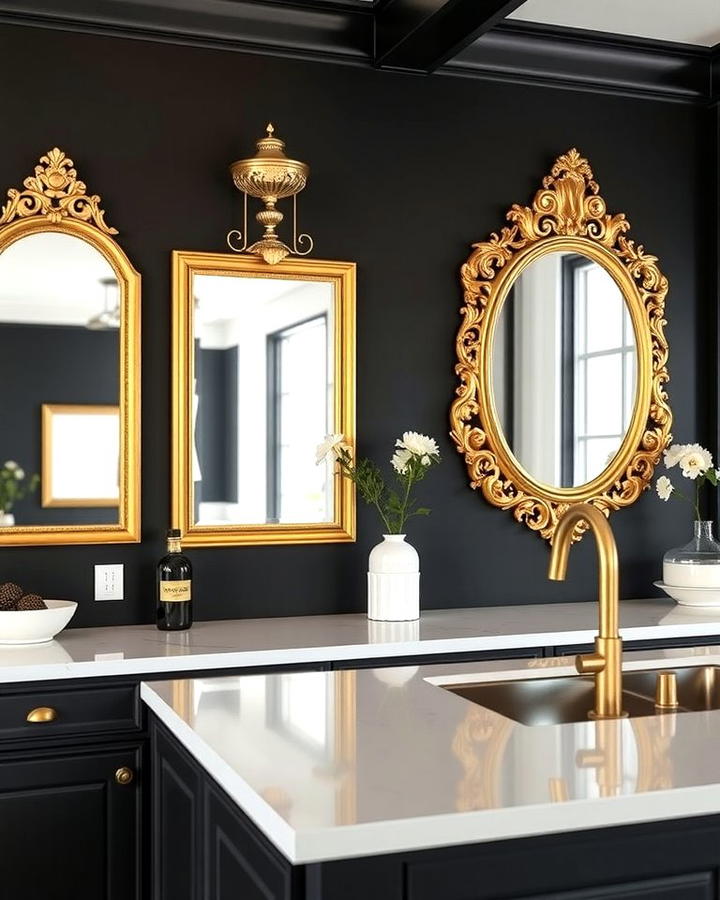 Gold Framed Mirrors in a Black Kitchen