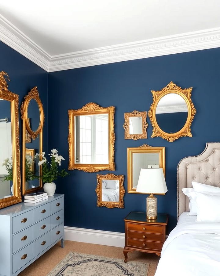 Gold Framed Mirrors on Blue Walls